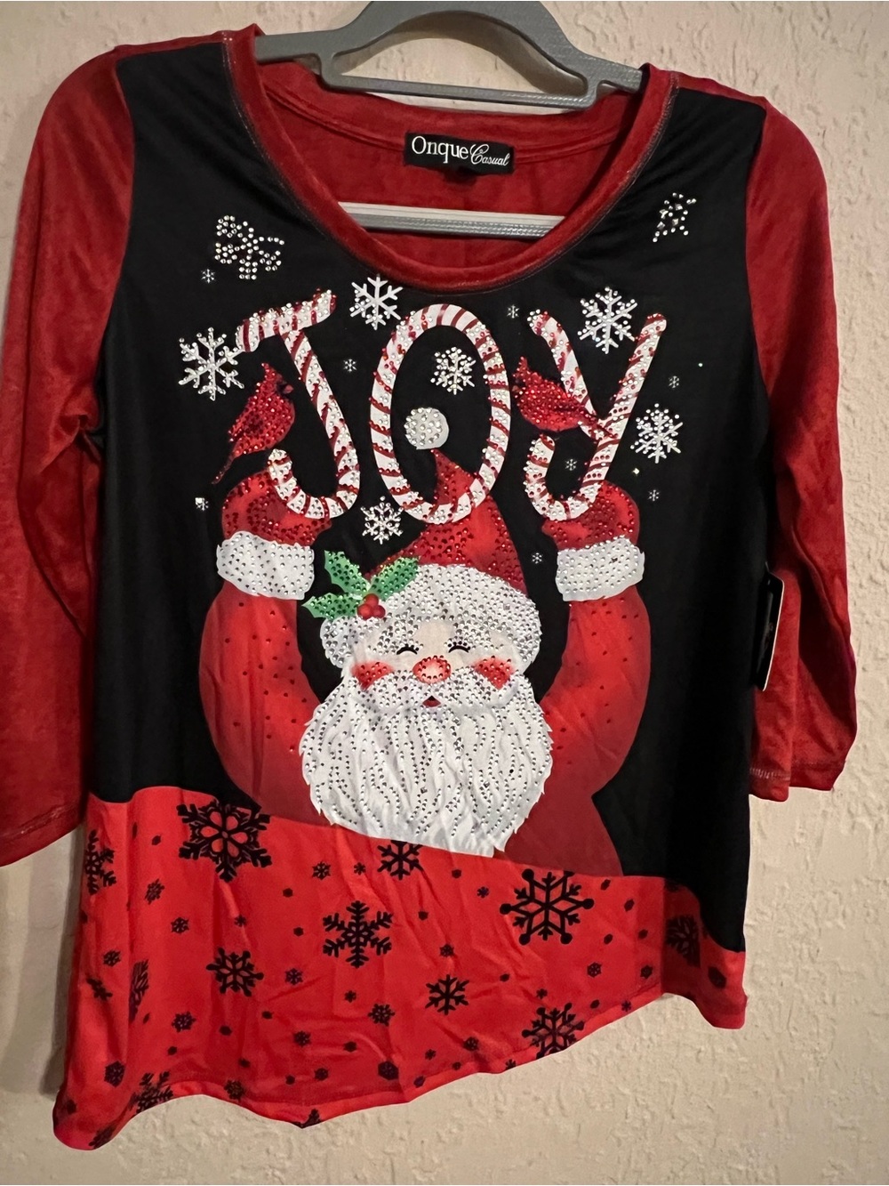 Onque Casuals Red & Black 'JOY' Santa Sequin Long-Sleeve Top
